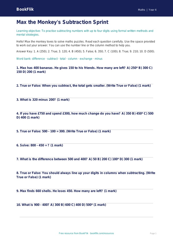 Free Subtraction Quiz | Year 4 Supported | BookFlik worksheet preview — Maths Subtraction