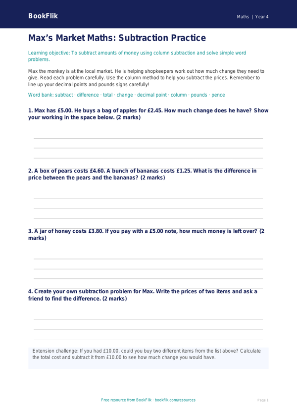 Free Subtraction Template | Year 4 Supported | BookFlik worksheet preview — Maths Subtraction