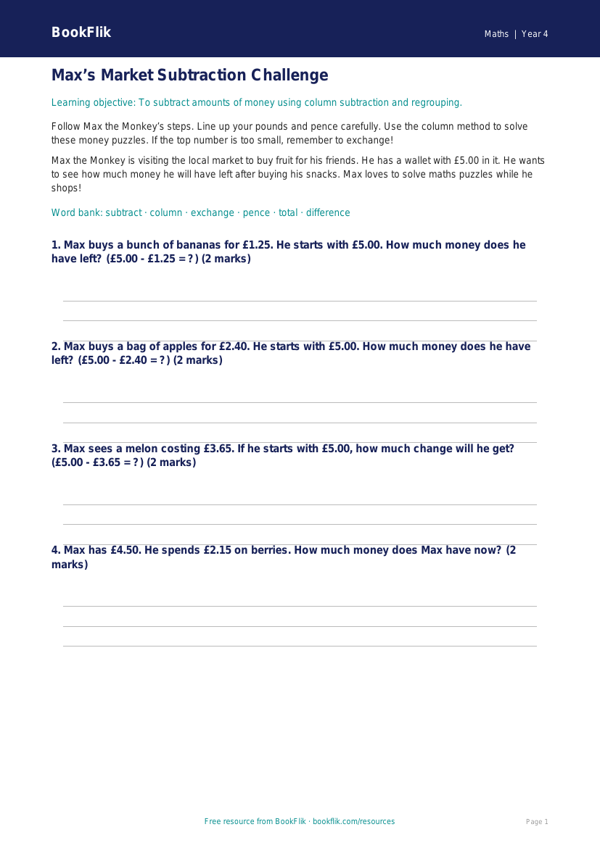 Free Subtraction Track Sheet | Year 4 Supported | BookFlik worksheet preview — Maths Subtraction