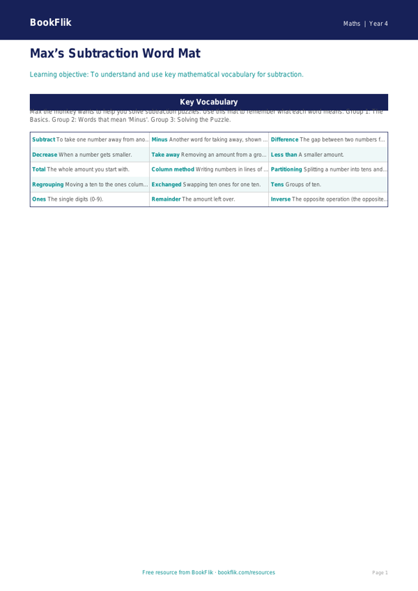 Free Subtraction Word Mat | Year 4 Supported | BookFlik worksheet preview — Maths Subtraction