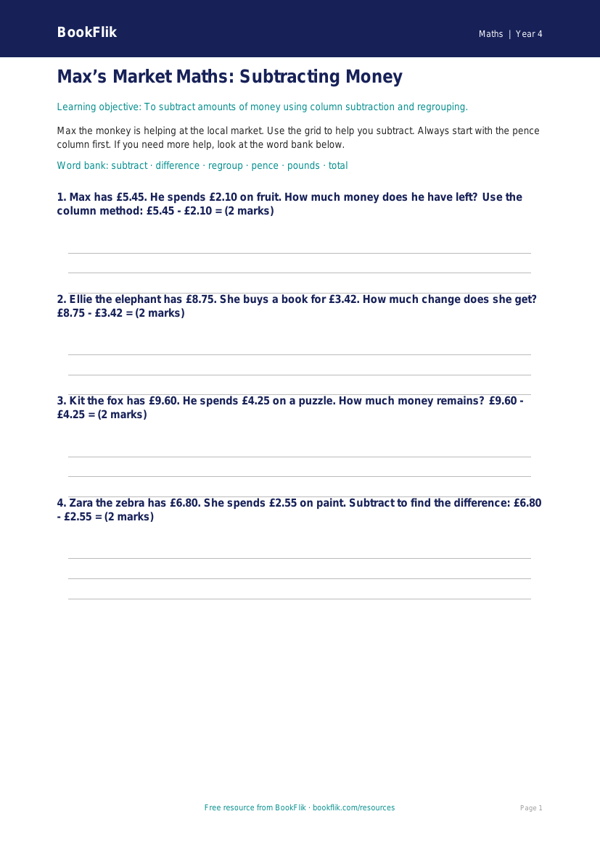 Free Subtraction Worksheet | Year 4 Supported | BookFlik worksheet preview — Maths Subtraction