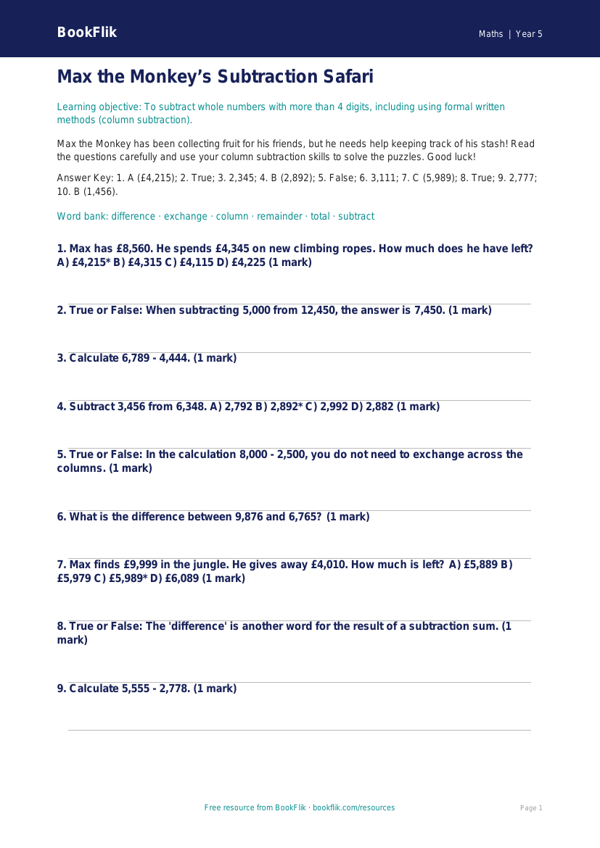 Free Subtraction Quiz | Year 5 Core | BookFlik worksheet preview — Maths Subtraction
