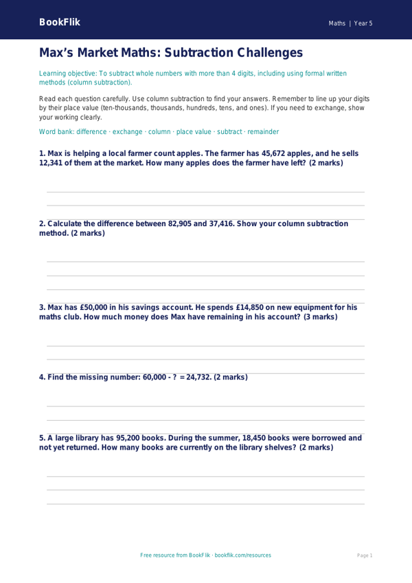 Free Subtraction Worksheet | Year 5 Core | BookFlik worksheet preview — Maths Subtraction