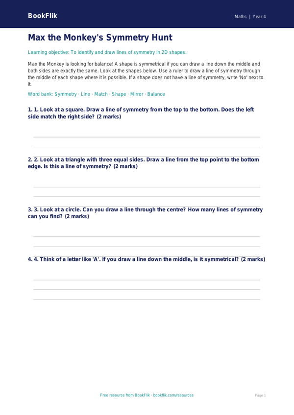 Free Symmetry Activity Sheet | Year 4 Supported | BookFlik worksheet preview — Maths Symmetry