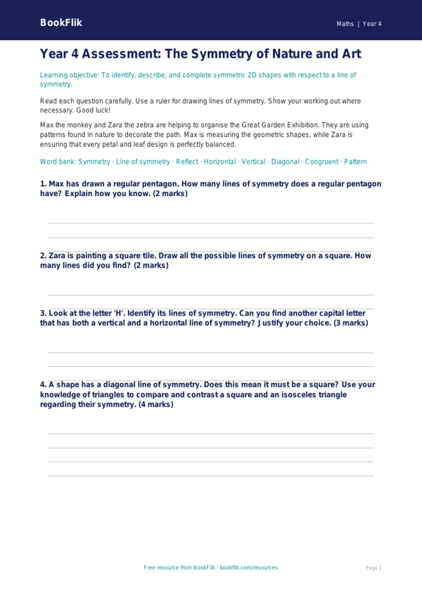 Free Symmetry Assessment | Year 4 Greater Depth | BookFlik worksheet preview — Maths Symmetry