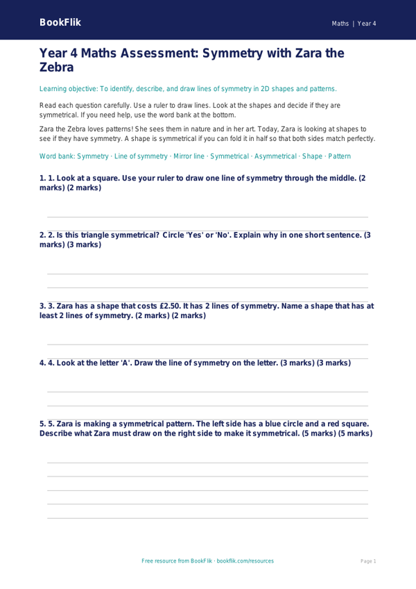 Free Symmetry Assessment | Year 4 Supported | BookFlik worksheet preview — Maths Symmetry