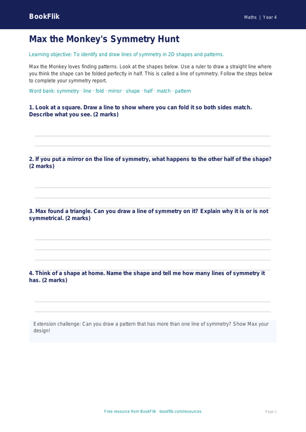 Free Symmetry Template | Year 4 Supported | BookFlik worksheet preview — Maths Symmetry