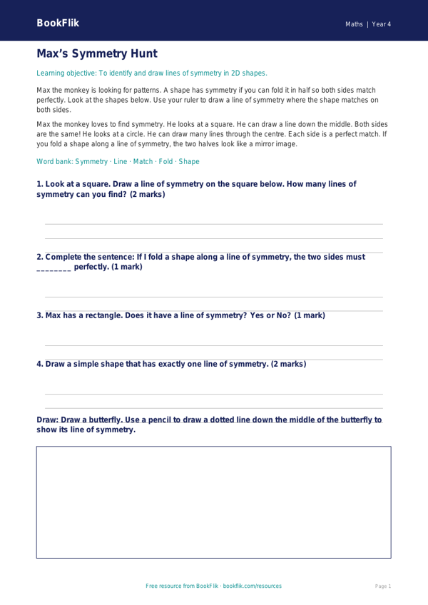 Free Symmetry Worksheet for Year 4 | Geometry Practice | BookFlik worksheet preview — Maths Symmetry