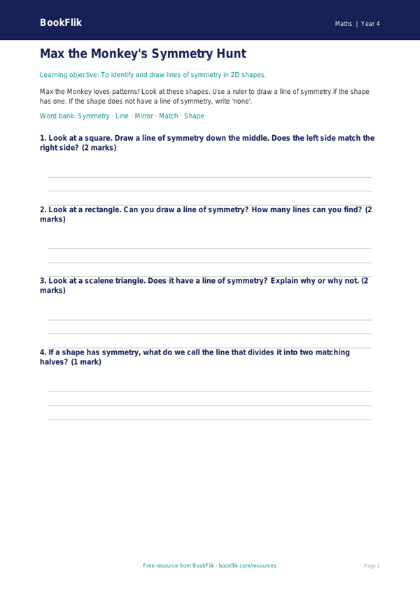 Free Symmetry Worksheet | Year 4 Supported | BookFlik worksheet preview — Maths Symmetry