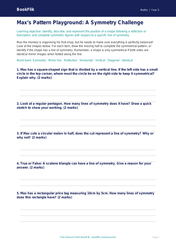 Free Symmetry Activity Sheet | Year 5 Core | BookFlik worksheet preview — Maths Symmetry