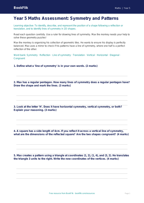 Free Symmetry Assessment | Year 5 Core | BookFlik worksheet preview — Maths Symmetry