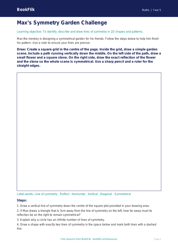 Free Symmetry Drawing Sheet | Year 5 Core | BookFlik worksheet preview — Maths Symmetry
