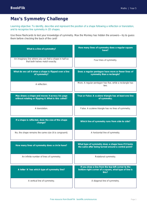 Free Symmetry Flashcards | Year 5 Core | BookFlik worksheet preview — Maths Symmetry