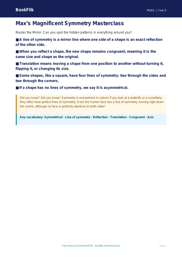 Free Symmetry Poster | Year 5 Core | BookFlik worksheet preview — Maths Symmetry