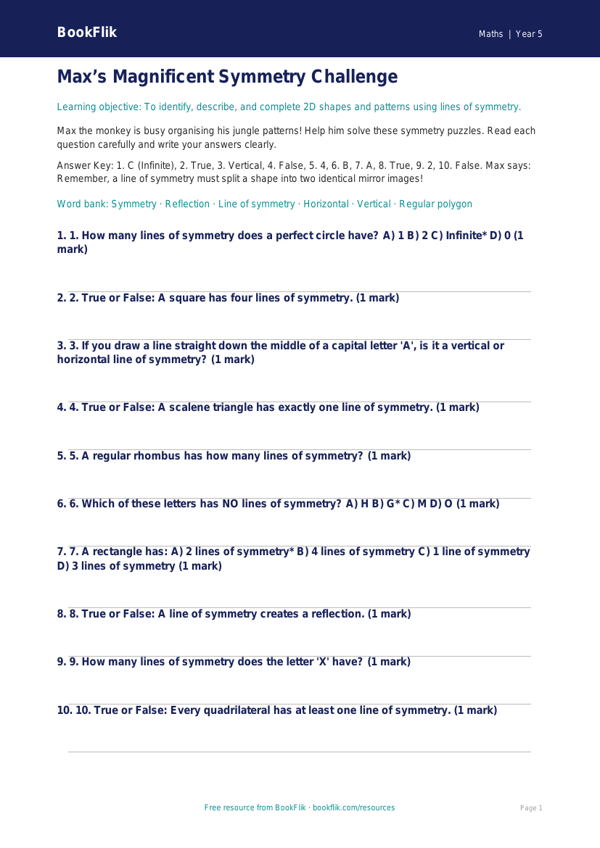 Free Symmetry Quiz | Year 5 Core | BookFlik worksheet preview — Maths Symmetry