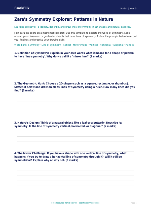 Free Symmetry Template | Year 5 Core | BookFlik worksheet preview — Maths Symmetry