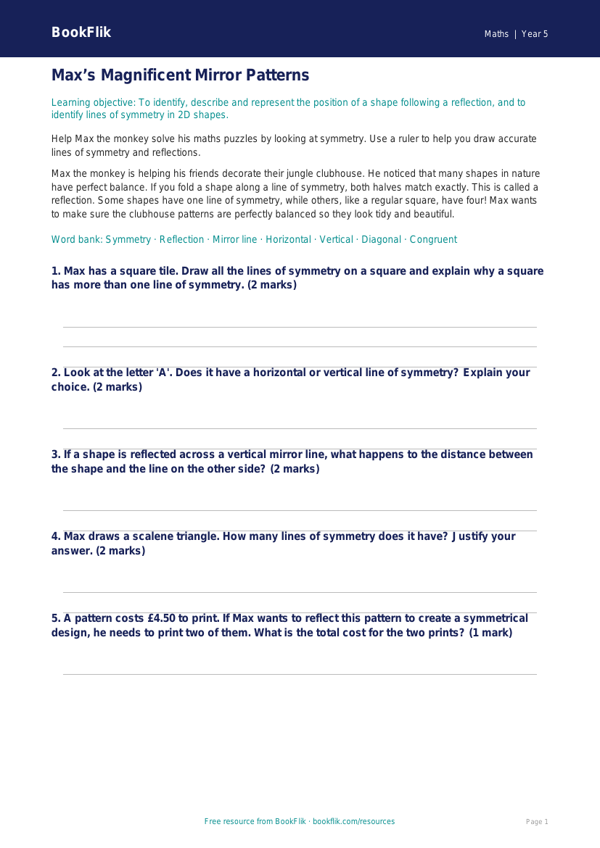 Free Symmetry Practice Worksheet | Year 5 Math | BookFlik worksheet preview — Maths Symmetry