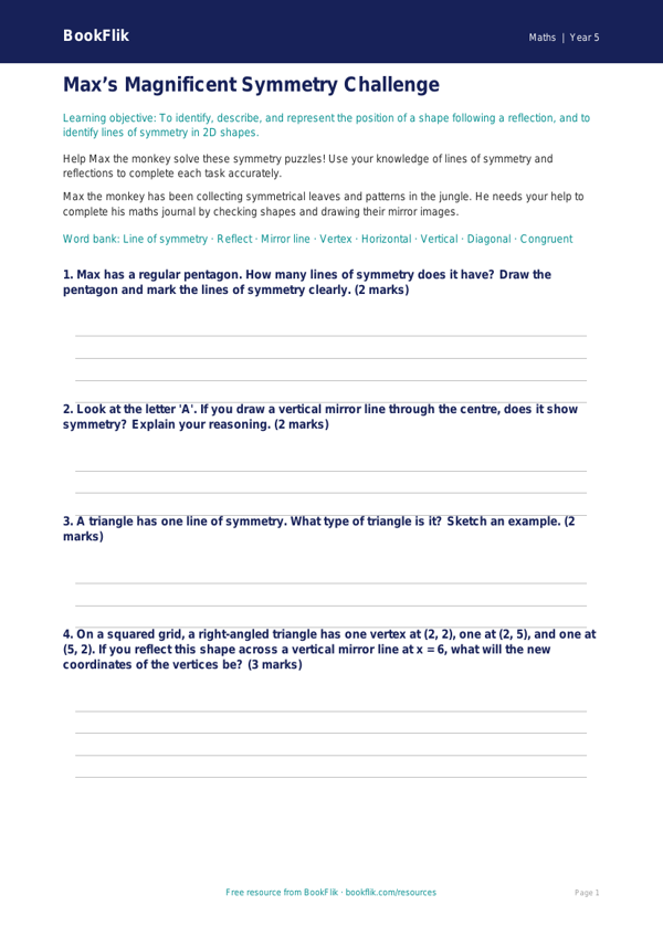 Free Symmetry Worksheet | Year 5 Core | BookFlik worksheet preview — Maths Symmetry