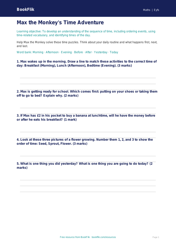 Free Time Worksheet | EYFS Core Learning | BookFlik worksheet preview — Maths Time