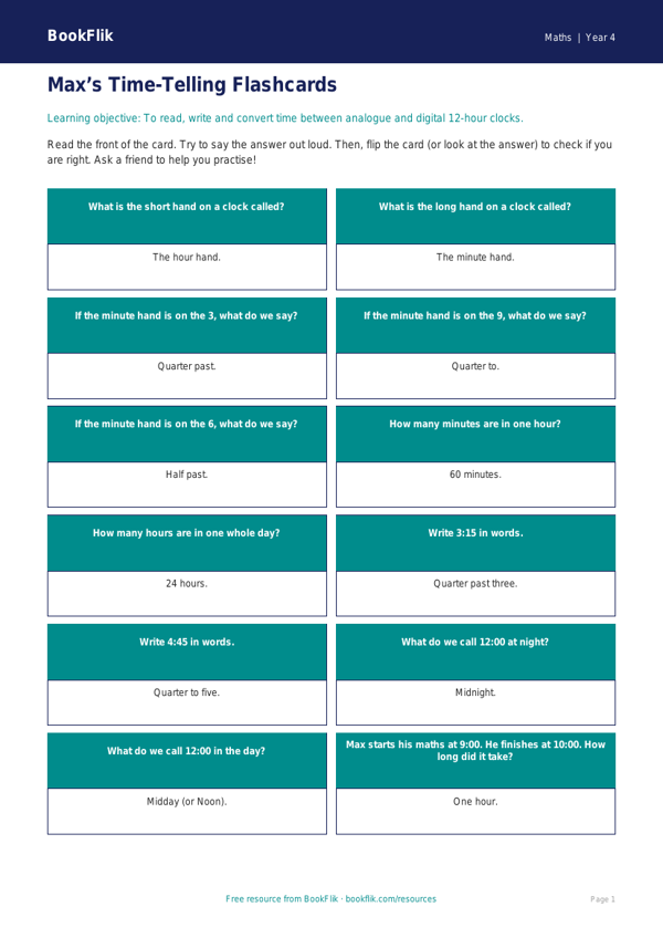 Free Time Flashcards | Year 4 Supported | BookFlik worksheet preview — Maths Time
