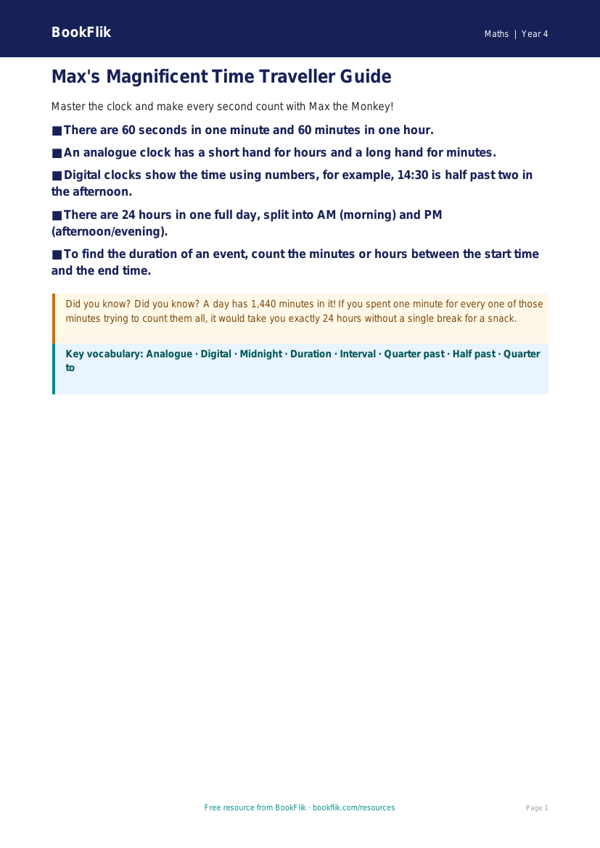 Free Time Poster | Year 4 Supported | BookFlik worksheet preview — Maths Time
