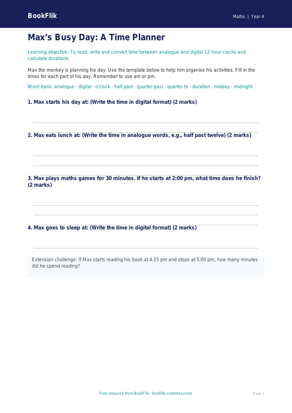 Free Time Template | Year 4 Supported | BookFlik worksheet preview — Maths Time