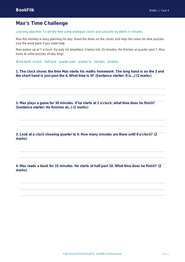 Free Time Track Sheet | Year 4 Supported | BookFlik worksheet preview — Maths Time