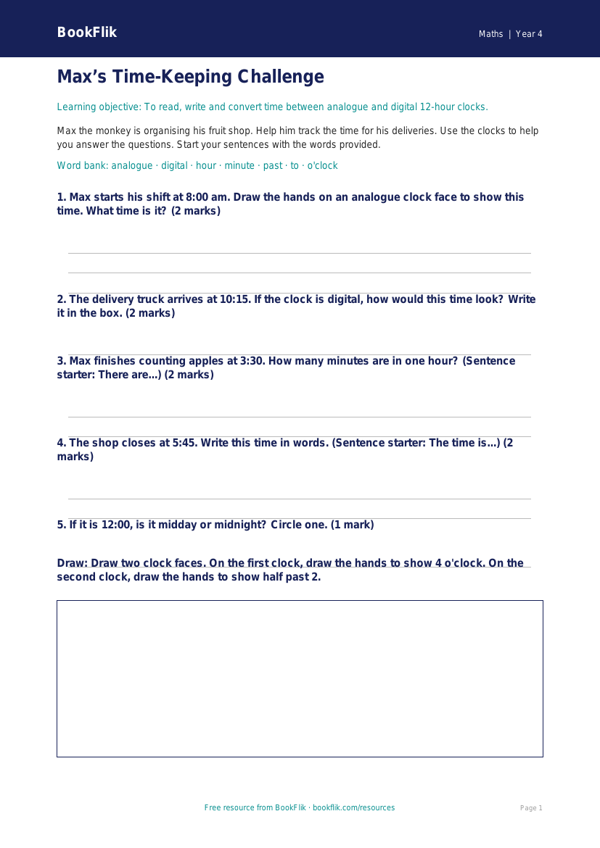 Free Time Worksheet | Year 4 Supported | BookFlik worksheet preview — Maths Time