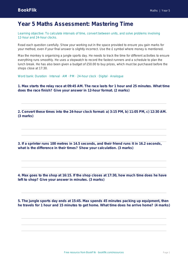 Free Time Assessment Worksheet | Year 5 Math | BookFlik worksheet preview — Maths Time