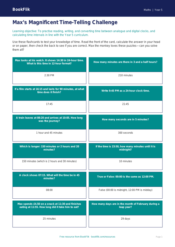 Free Time Flashcards | Year 5 Core | BookFlik worksheet preview — Maths Time