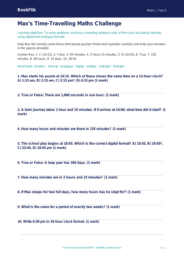 Free Time Quiz | Year 5 Core | BookFlik worksheet preview — Maths Time
