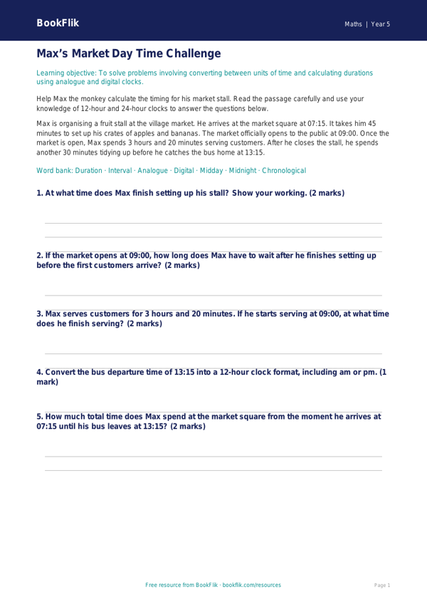 Free Time Track Sheet | Year 5 Core | BookFlik worksheet preview — Maths Time