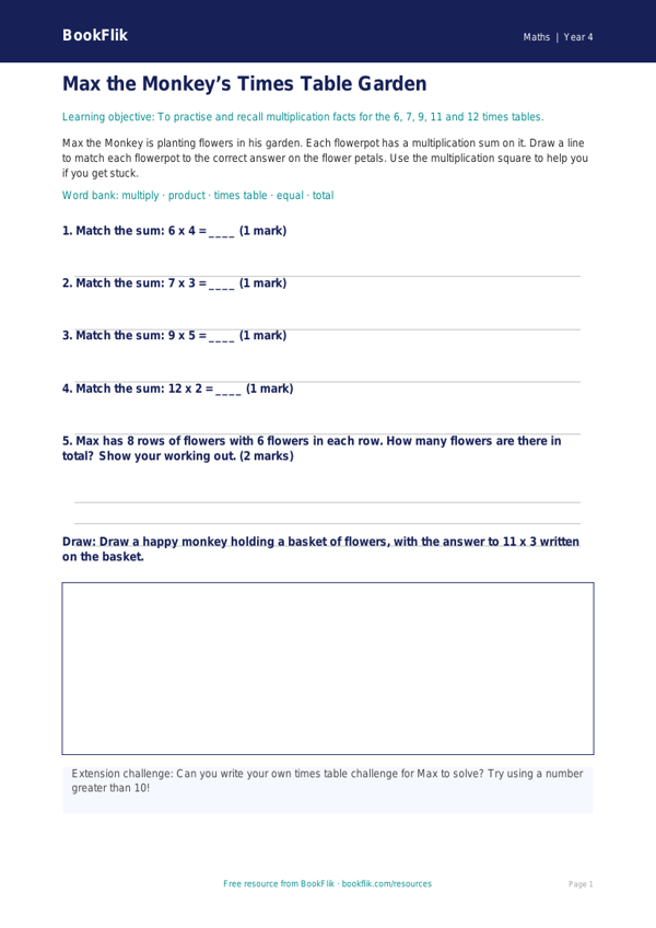 Free Times Tables Activity Sheet | Year 4 Supported | BookFlik worksheet preview — Maths Times Tables