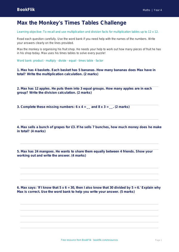 Free Times Tables Assessment | Year 4 Supported | BookFlik worksheet preview — Maths Times Tables