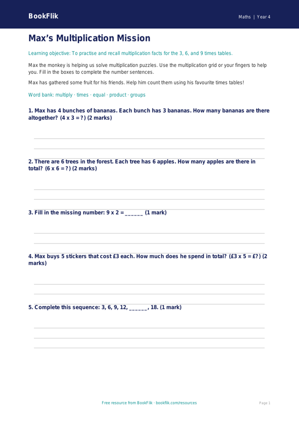 Free Times Tables Worksheet | Year 4 Supported | BookFlik worksheet preview — Maths Times Tables