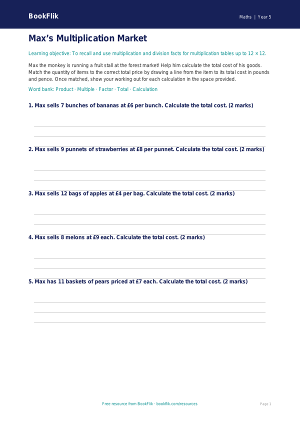 Free Times Tables Activity Sheet | Year 5 Core | BookFlik worksheet preview — Maths Times Tables
