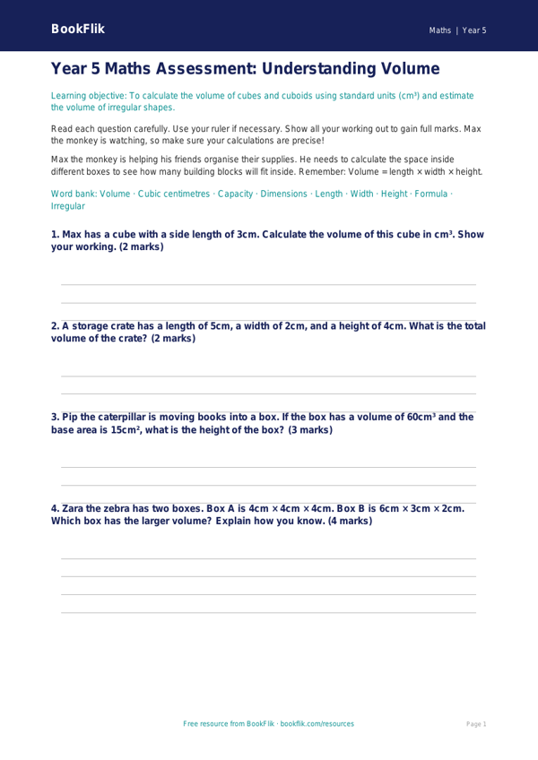 Free Volume Assessment | Year 5 Core | BookFlik worksheet preview — Maths Volume