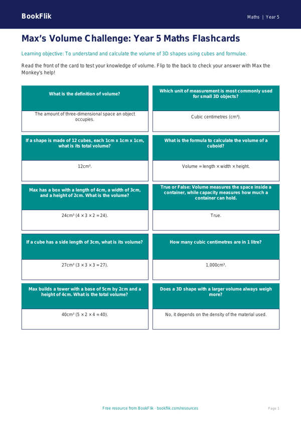 Free Volume Flashcards | Year 5 Core | BookFlik worksheet preview — Maths Volume