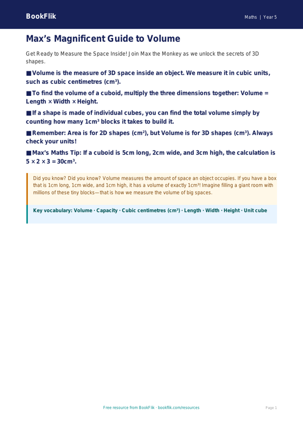 Free Volume Poster | Year 5 Core | BookFlik worksheet preview — Maths Volume