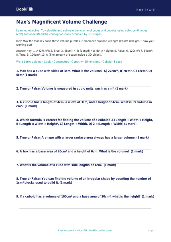 Free Volume Quiz | Year 5 Core | BookFlik worksheet preview — Maths Volume