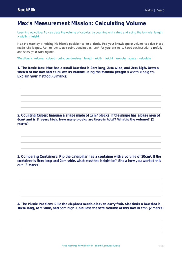 Free Volume Template | Year 5 Core | BookFlik worksheet preview — Maths Volume