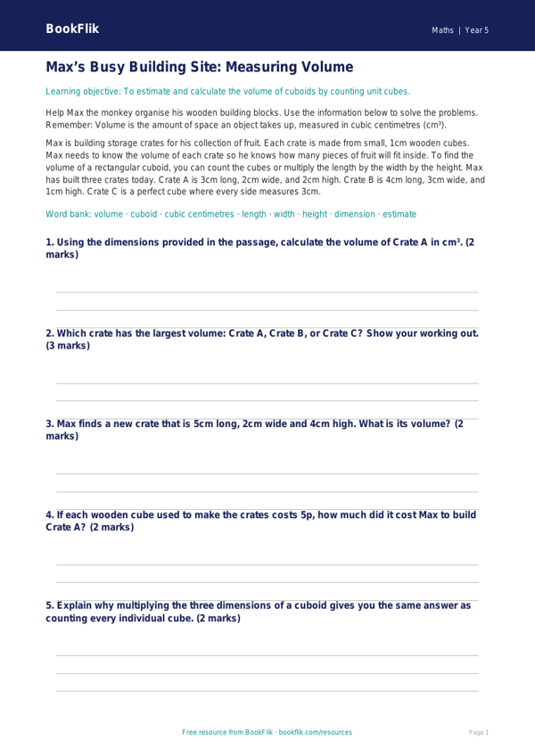Free Volume Track Sheet | Year 5 Core | BookFlik worksheet preview — Maths Volume
