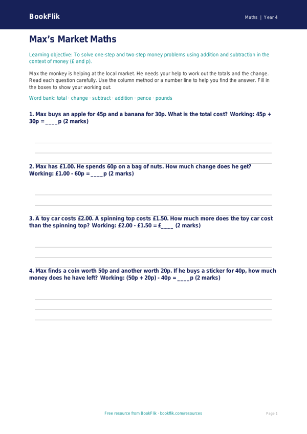 Free Word Problems Activity Sheet | Year 4 Supported | BookFlik worksheet preview — Maths Word Problems