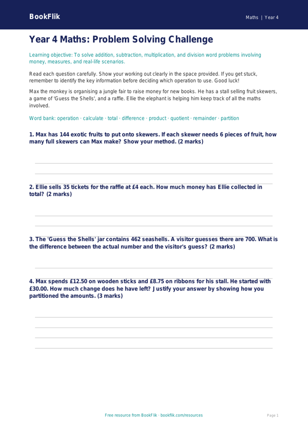 Free Word Problems Assessment | Year 4 Greater Depth | BookFlik worksheet preview — Maths Word Problems