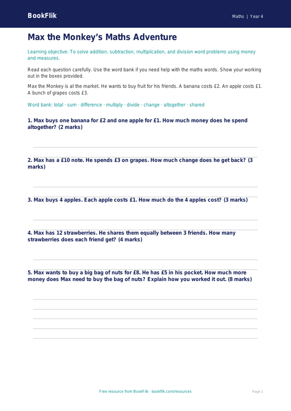 Free Year 4 Math Word Problems Worksheet | Printable PDF | BookFlik worksheet preview — Maths Word Problems