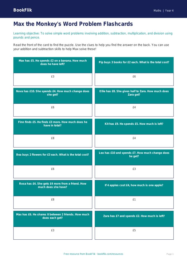 Free Word Problems Flashcards | Year 4 Supported | BookFlik worksheet preview — Maths Word Problems