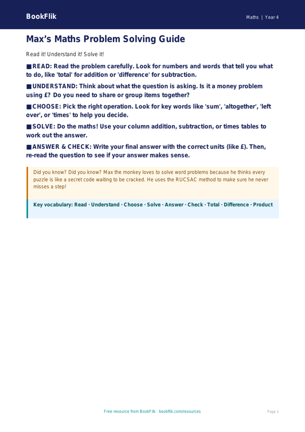 Free Word Problems Poster | Year 4 Supported | BookFlik worksheet preview — Maths Word Problems
