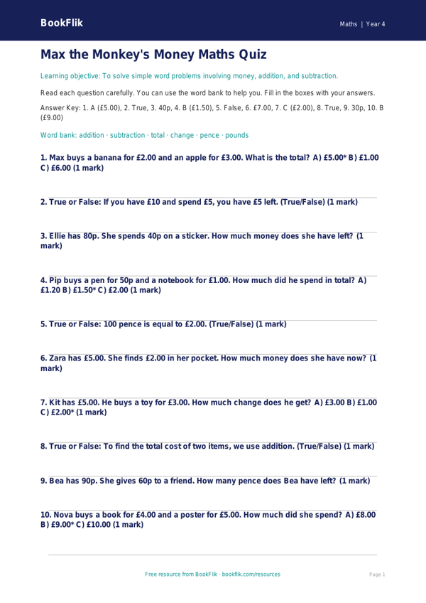 Free Word Problems Quiz | Year 4 Supported | BookFlik worksheet preview — Maths Word Problems