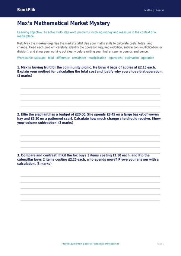 Free Word Problems Template | Year 4 Greater Depth | BookFlik worksheet preview — Maths Word Problems