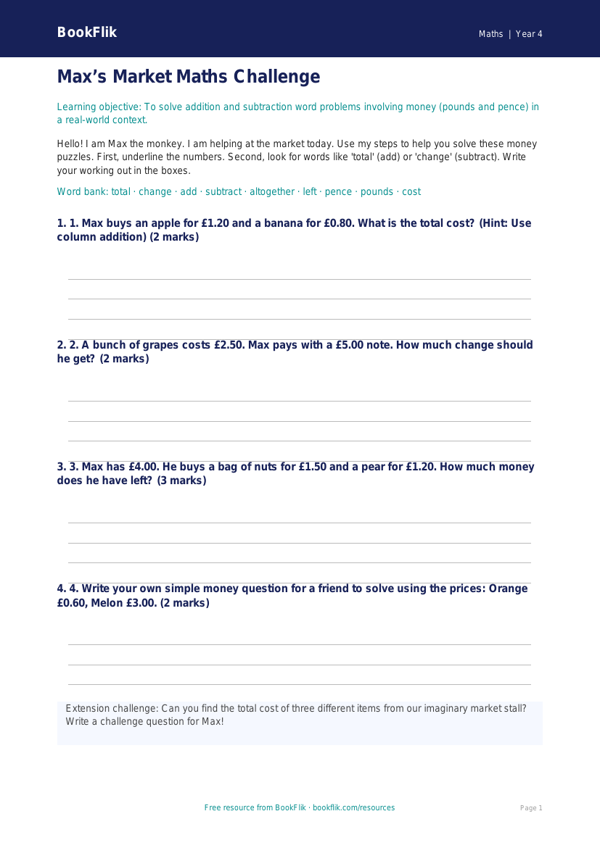 Free Word Problems Template | Year 4 Supported | BookFlik worksheet preview — Maths Word Problems